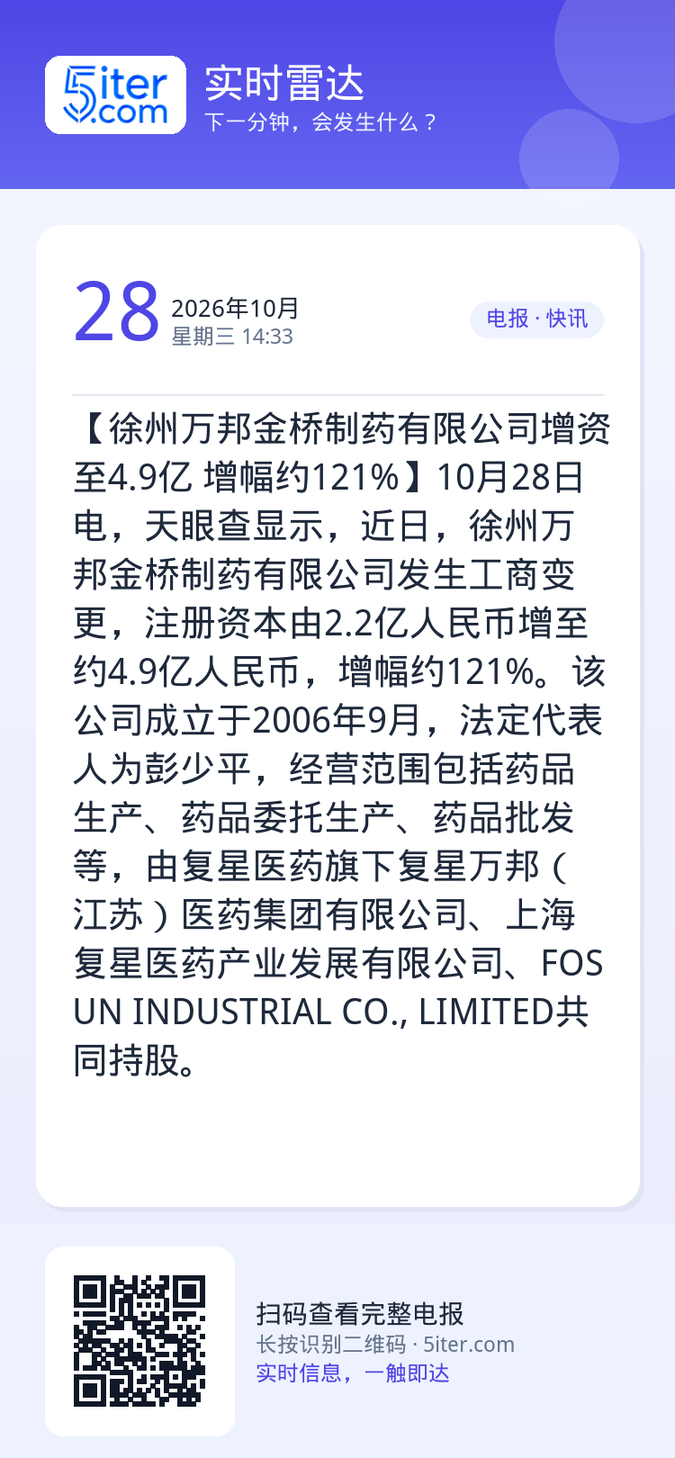 【徐州万邦金桥制药有限公司增资至4.9亿 增幅约121%】10月28日电，天眼查显示，近日，徐州万邦金桥制药有限公司发生