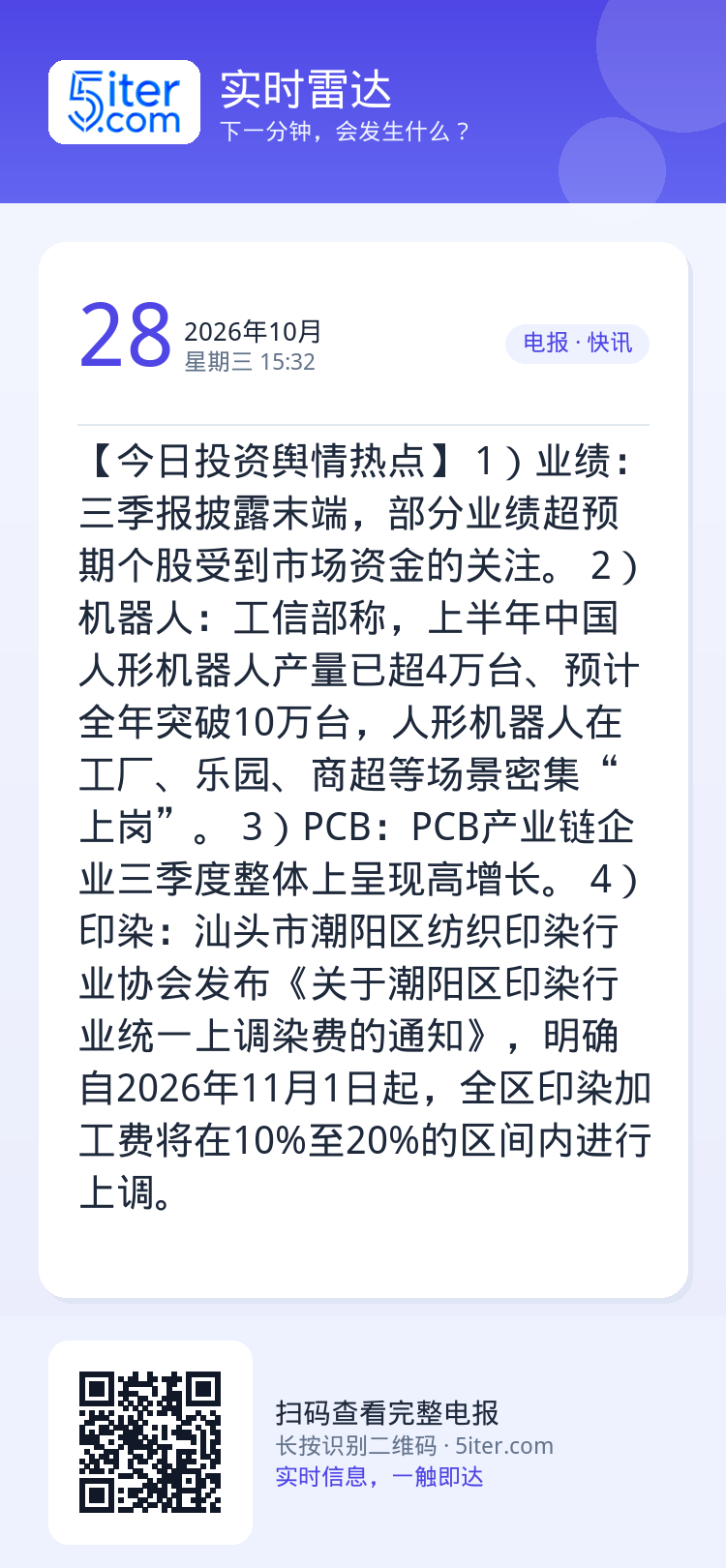 【今日投资舆情热点】
1）业绩：三季报披露末端，部分业绩超预期个股受到市场资金的关注。
2）机器人：工信部称，上半年中国