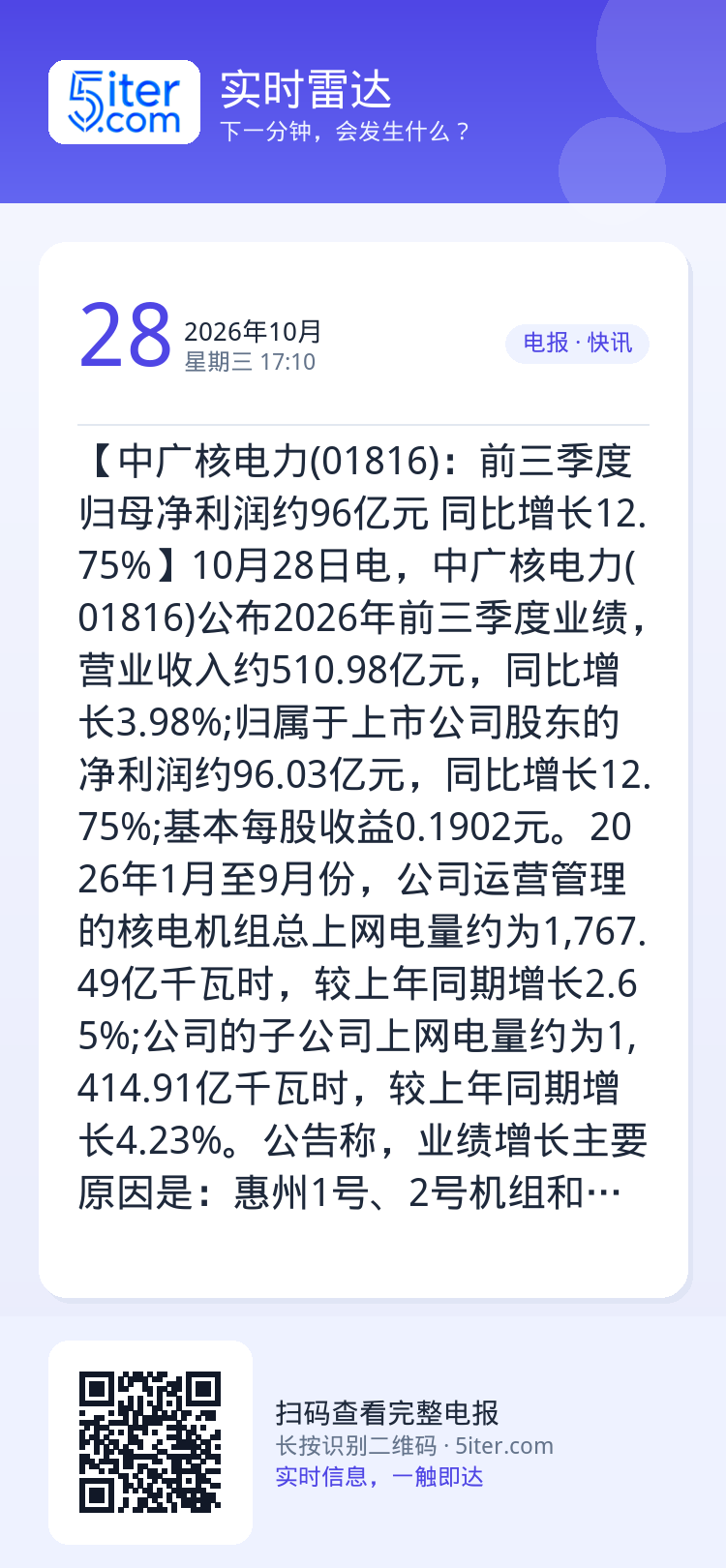 【中广核电力(01816)：前三季度归母净利润约96亿元 同比增长12.75%】10月28日电，中广核电力(01816)