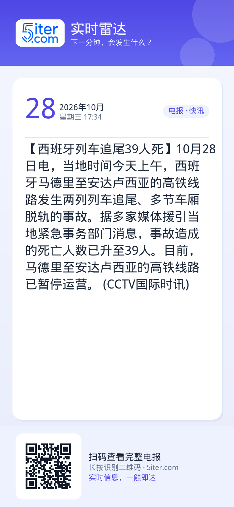 【西班牙列车追尾39人死】10月28日电，当地时间今天上午，西班牙马德里至安达卢西亚的高铁线路发生两列列车追尾、多节车厢