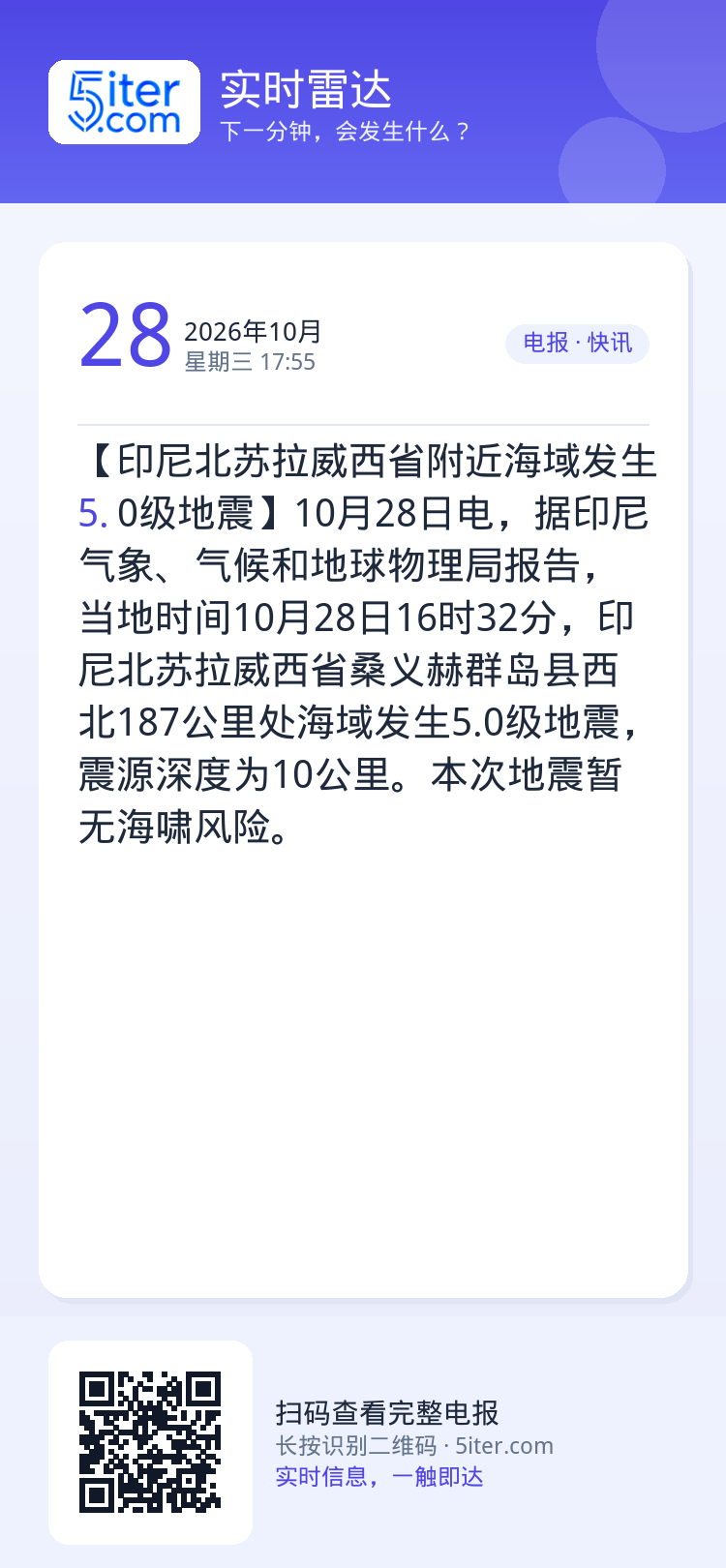 【印尼北苏拉威西省附近海域发生5.0级地震】10月28日电，据印尼气象、气候和地球物理局报告，当地时间10月28日16时