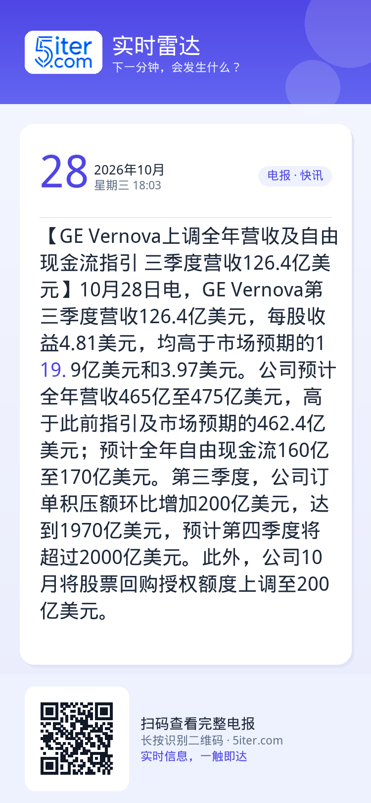 【GE Vernova上调全年营收及自由现金流指引 三季度营收126.4亿美元】10月28日电，GE Vernova第三