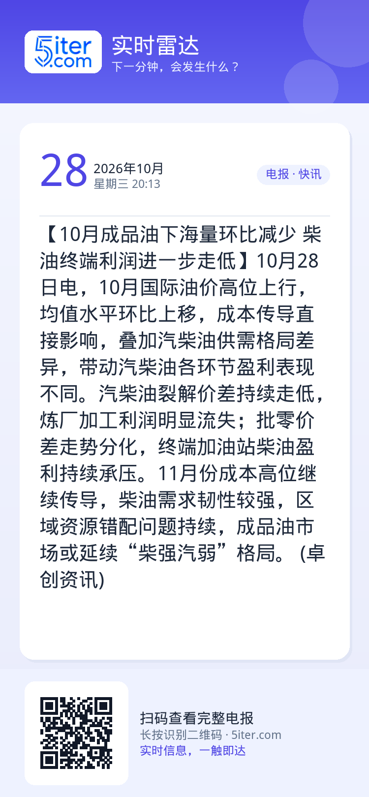 【10月成品油下海量环比减少 柴油终端利润进一步走低】10月28日电，10月国际油价高位上行，均值水平环比上移，成本传导