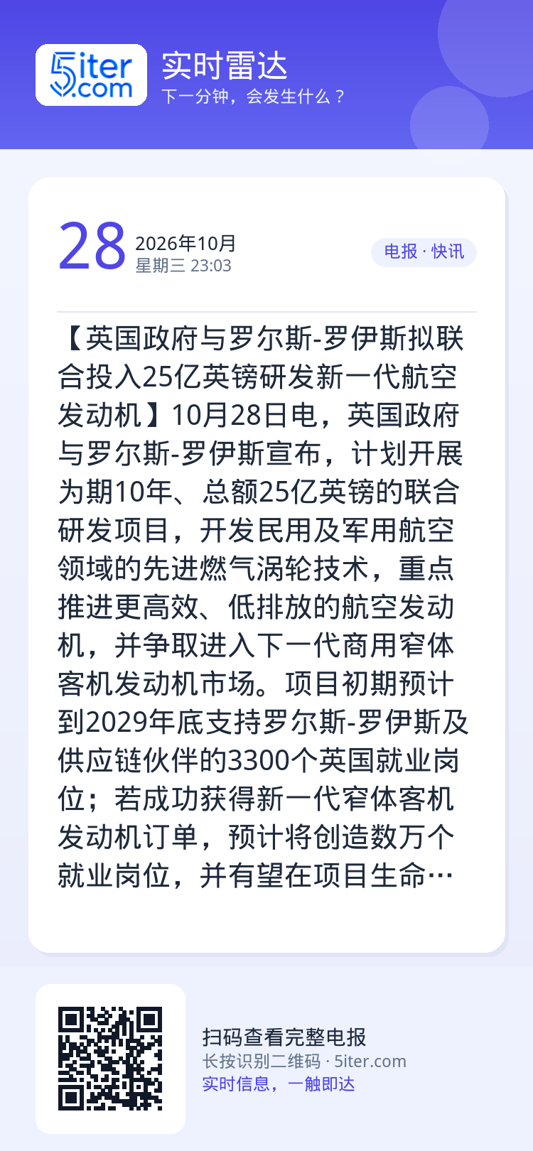 【英国政府与罗尔斯-罗伊斯拟联合投入25亿英镑研发新一代航空发动机】10月28日电，英国政府与罗尔斯-罗伊斯宣布，计划开