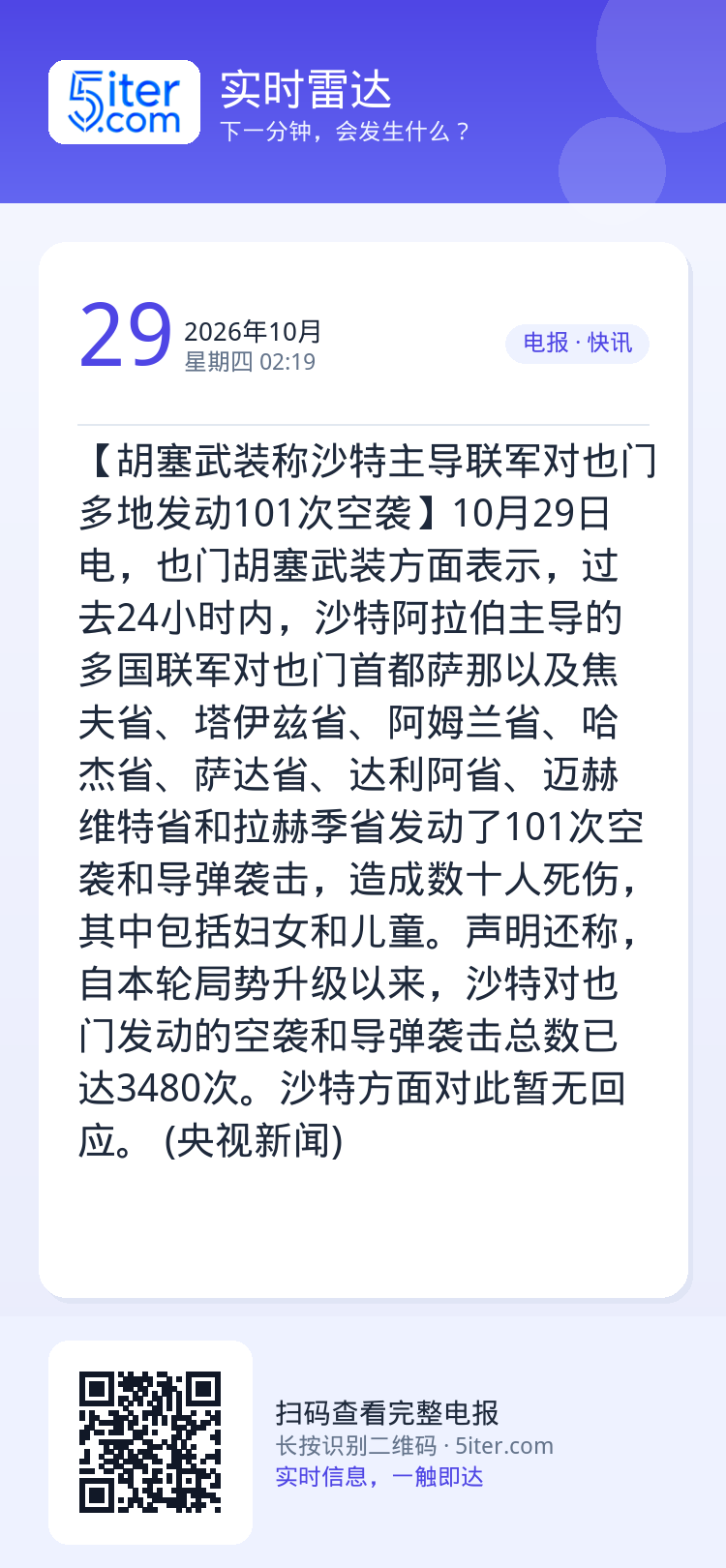 【胡塞武装称沙特主导联军对也门多地发动101次空袭】10月29日电，也门胡塞武装方面表示，过去24小时内，沙特阿拉伯主导