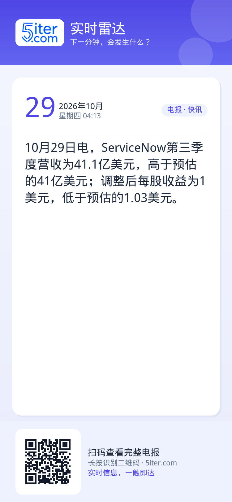 10月29日电，ServiceNow第三季度营收为41.1亿美元，高于预估的41亿美元；调整后每股收益为1美元，低于预估