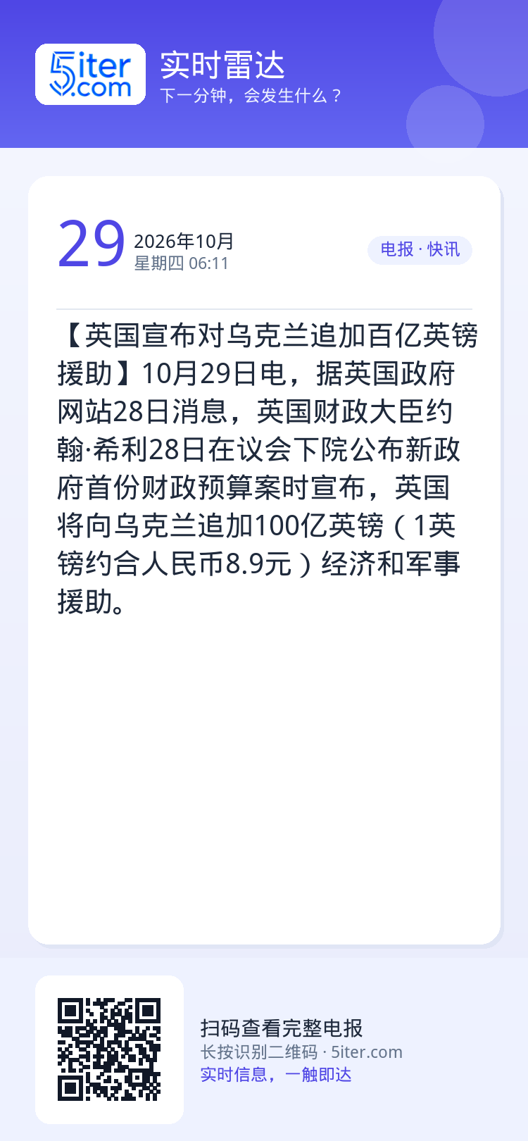 【英国宣布对乌克兰追加百亿英镑援助】10月29日电，据英国政府网站28日消息，英国财政大臣约翰·希利28日在议会下院公布
