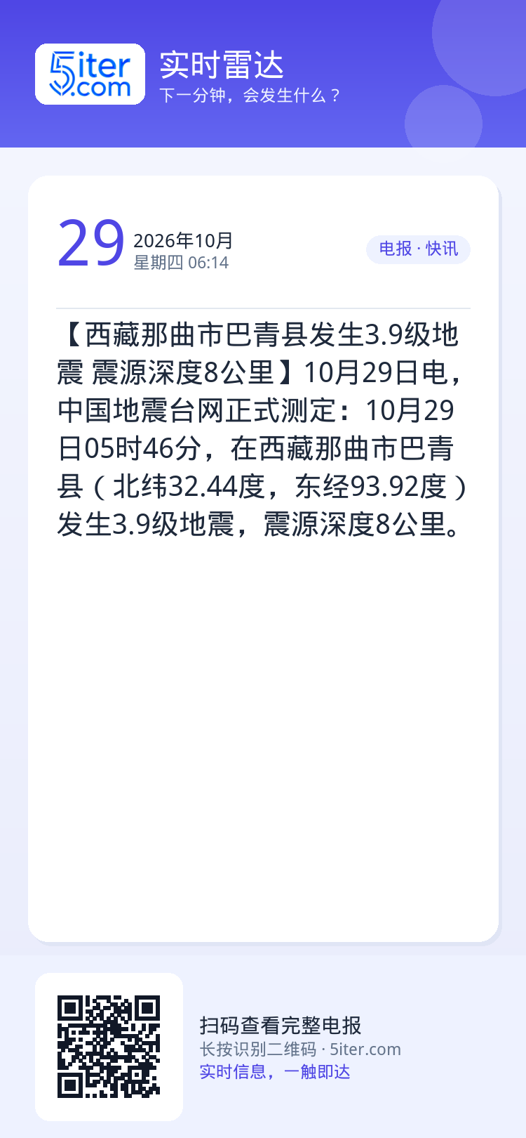 【西藏那曲市巴青县发生3.9级地震 震源深度8公里】10月29日电，中国地震台网正式测定：10月29日05时46分，在西