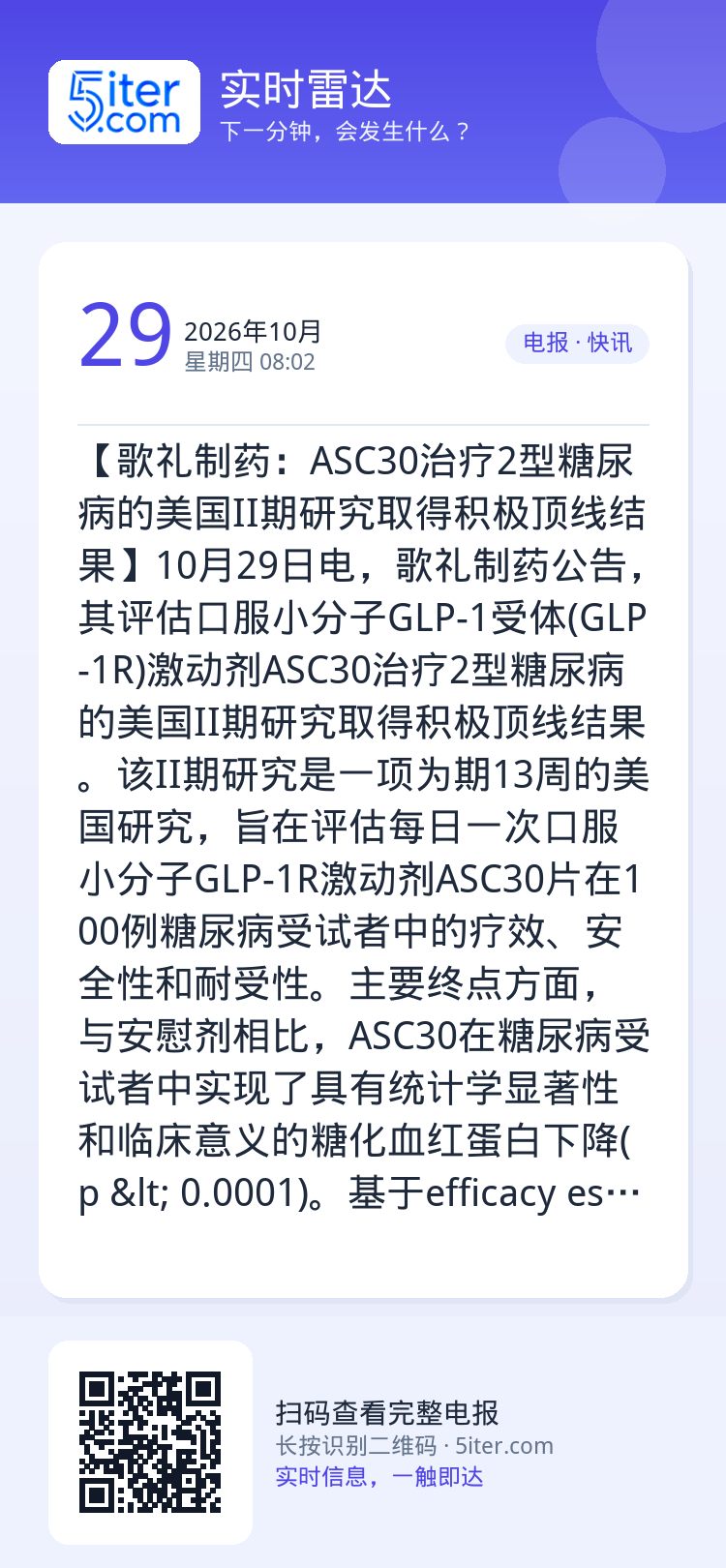 【歌礼制药：ASC30治疗2型糖尿病的美国II期研究取得积极顶线结果】10月29日电，歌礼制药公告，其评估口服小分子GL