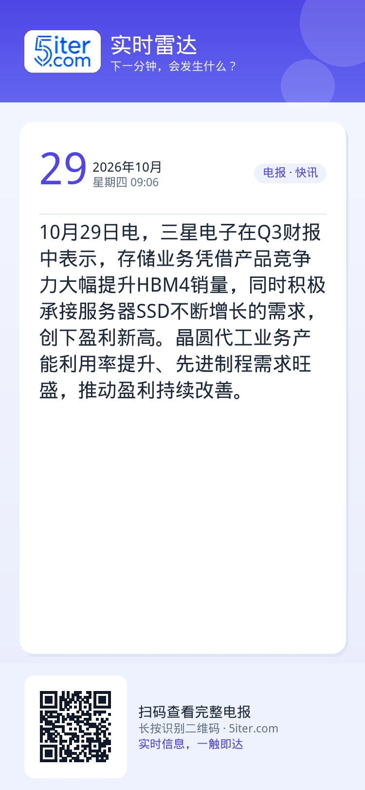 10月29日电，三星电子在Q3财报中表示，存储业务凭借产品竞争力大幅提升HBM4销量，同时积极承接服务器SSD不断增长的