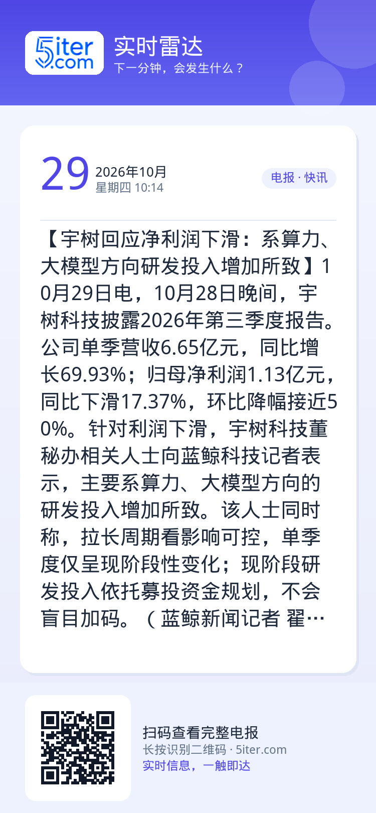 【宇树回应净利润下滑：系算力、大模型方向研发投入增加所致】10月29日电，10月28日晚间，宇树科技披露2026年第三季