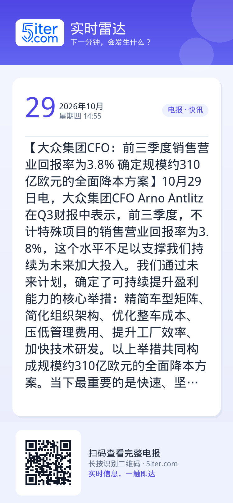 【大众集团CFO：前三季度销售营业回报率为3.8% 确定规模约310亿欧元的全面降本方案】10月29日电，大众集团CFO