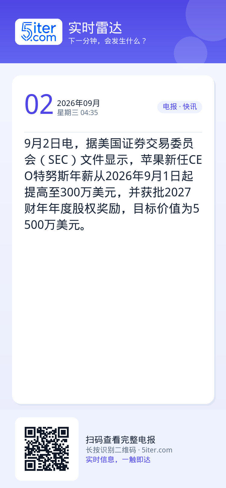 9月2日电，据美国证券交易委员会（SEC）文件显示，苹果新任CEO特努斯年薪从2026年9月1日起提高至300万美元，并