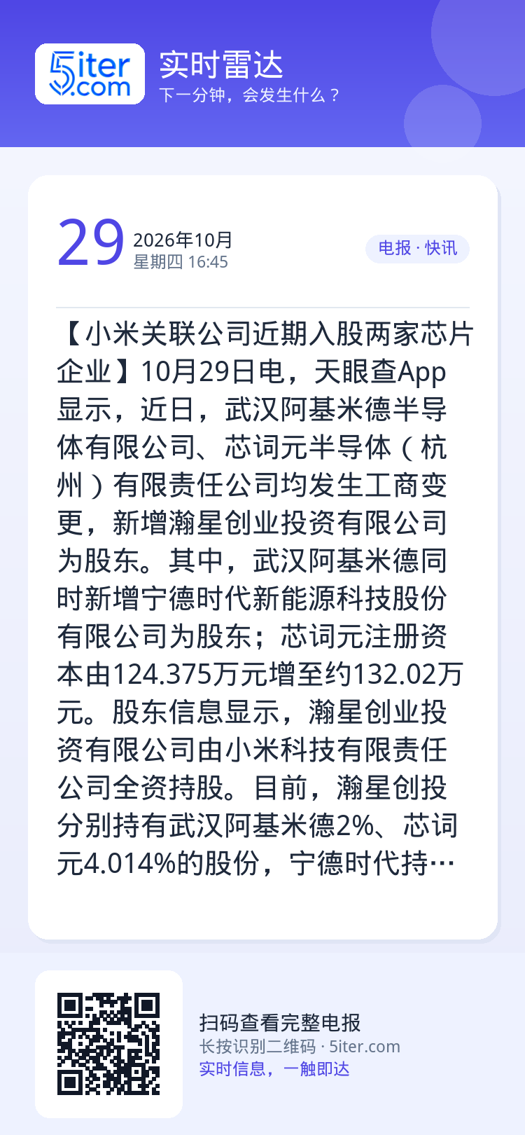 【小米关联公司近期入股两家芯片企业】10月29日电，天眼查App显示，近日，武汉阿基米德半导体有限公司、芯词元半导体（杭