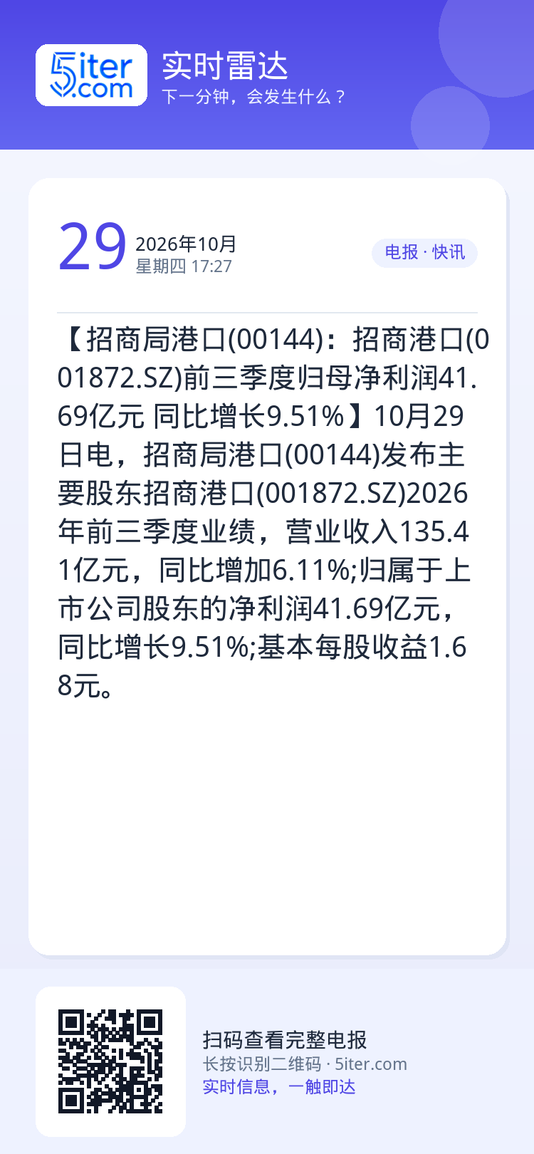 【招商局港口(00144)：招商港口(001872.SZ)前三季度归母净利润41.69亿元 同比增长9.51%】10月2
