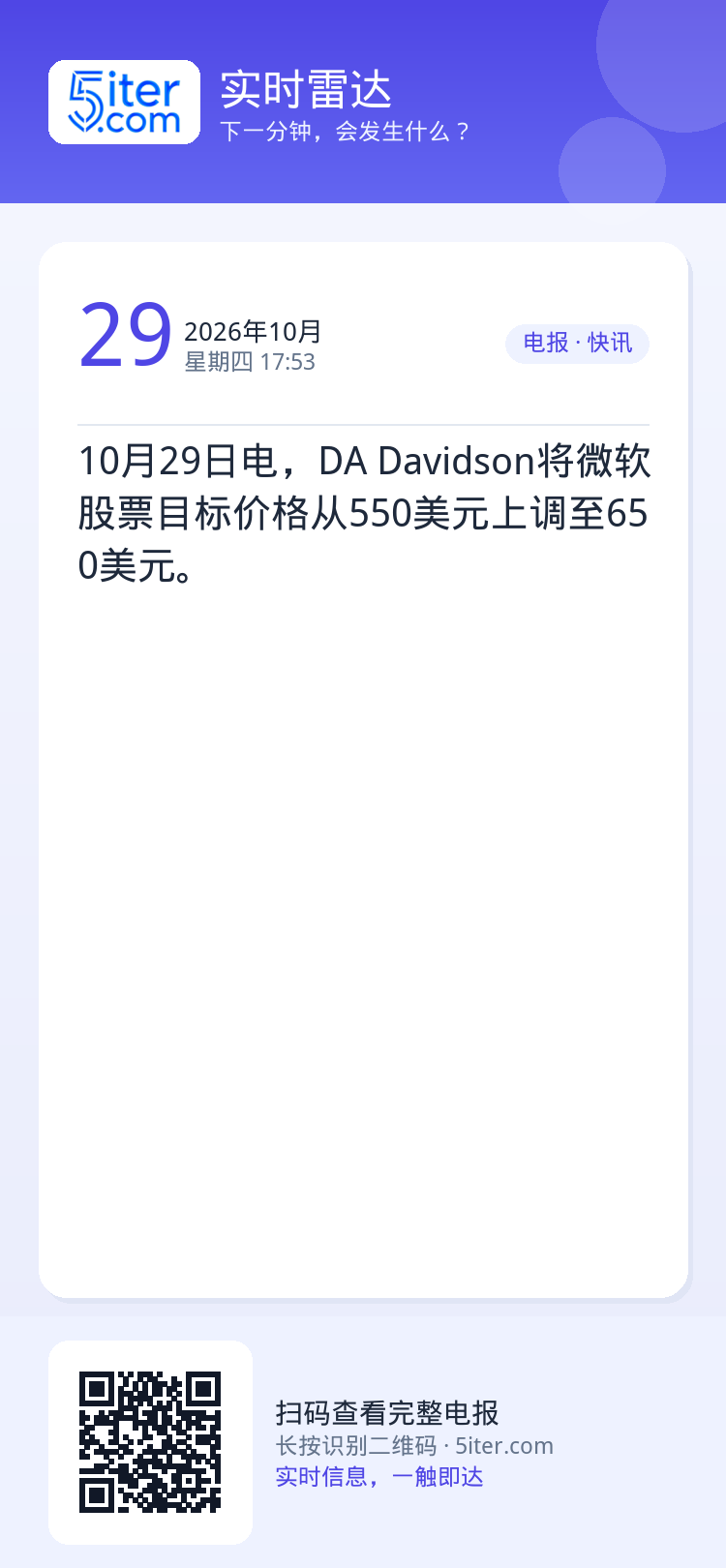 10月29日电，DA Davidson将微软股票目标价格从550美元上调至650美元。