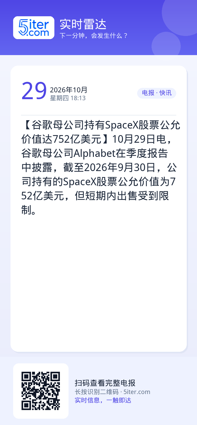 【谷歌母公司持有SpaceX股票公允价值达752亿美元】10月29日电，谷歌母公司Alphabet在季度报告中披露，截至