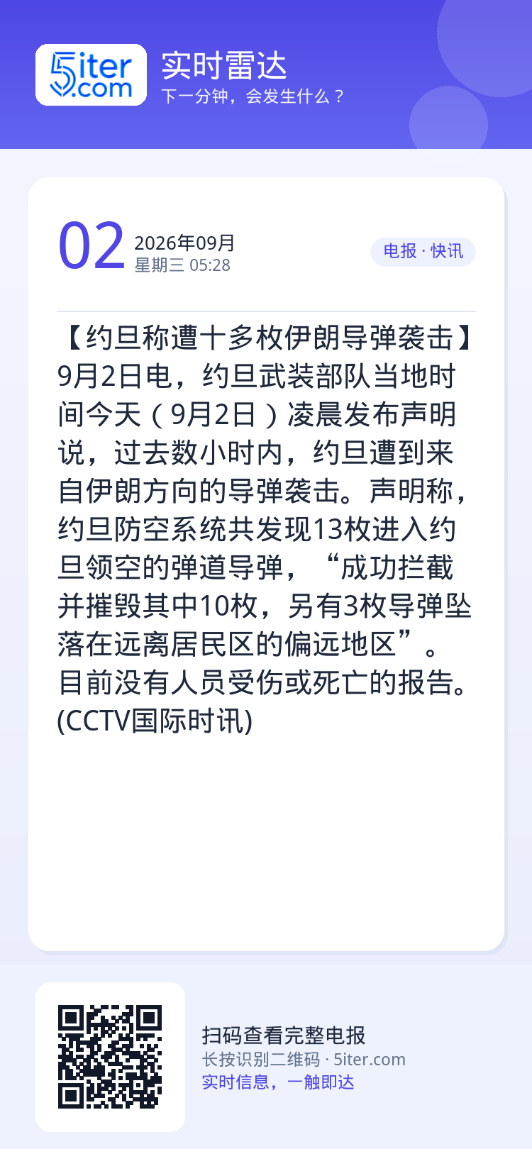 【约旦称遭十多枚伊朗导弹袭击】9月2日电，约旦武装部队当地时间今天（9月2日）凌晨发布声明说，过去数小时内，约旦遭到来自