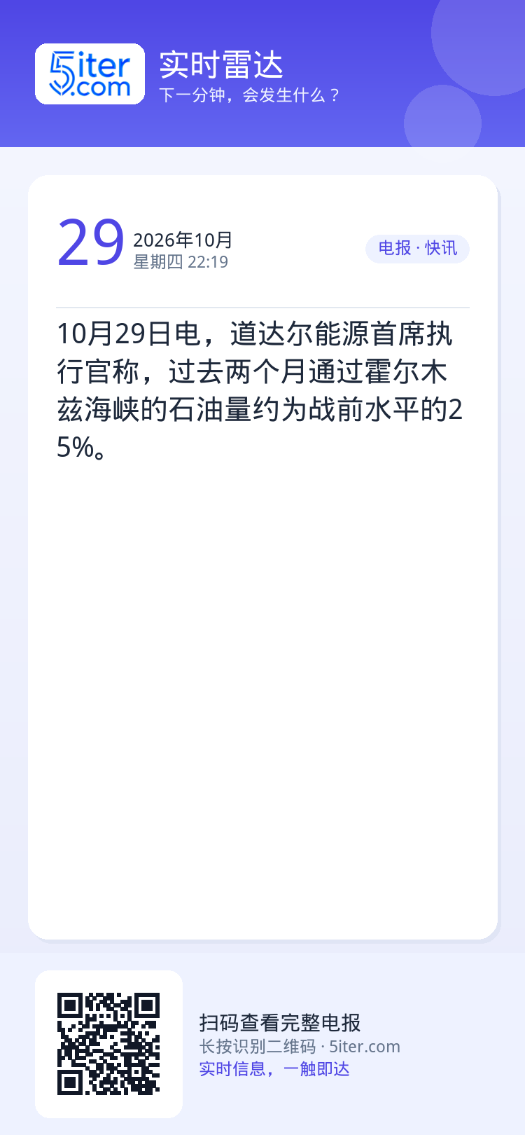 10月29日电，道达尔能源首席执行官称，过去两个月通过霍尔木兹海峡的石油量约为战前水平的25%。