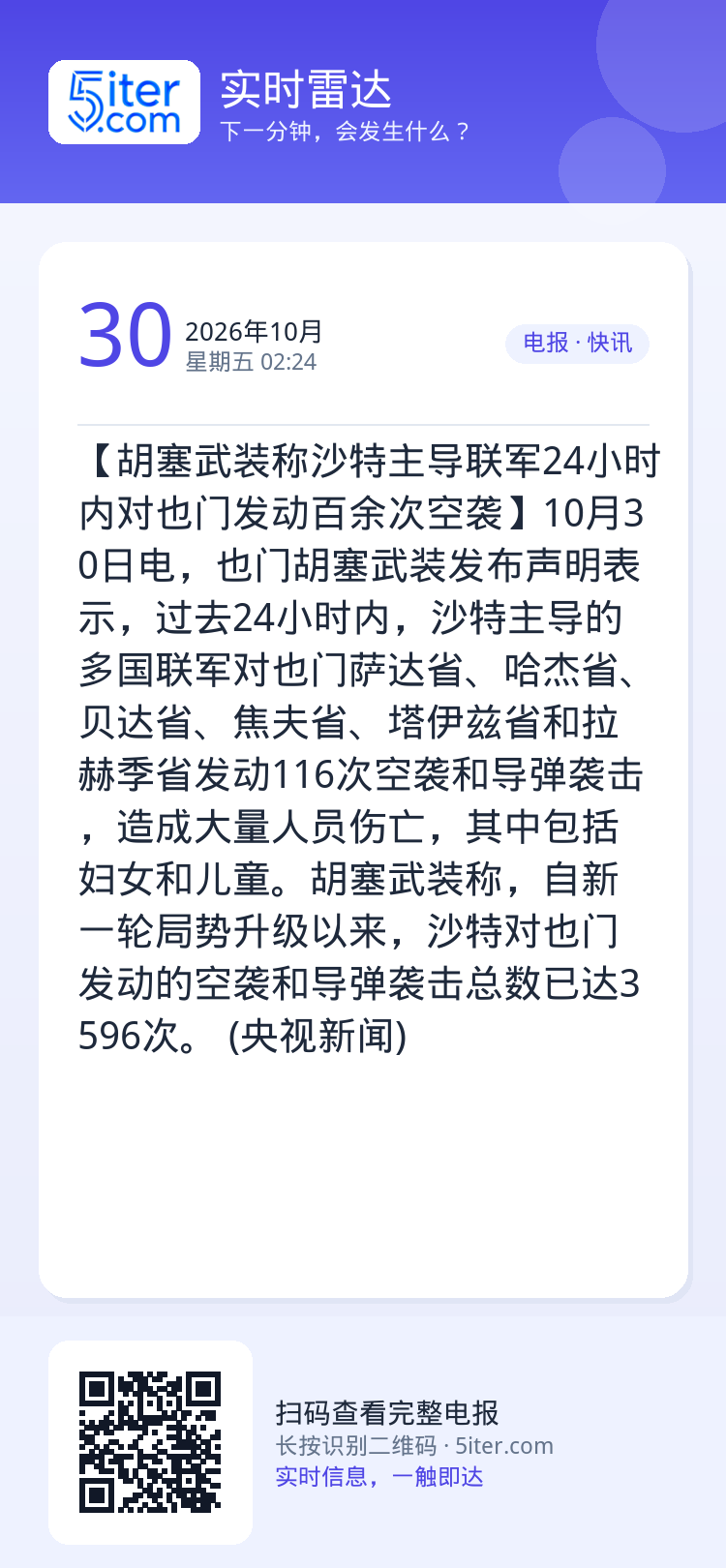 【胡塞武装称沙特主导联军24小时内对也门发动百余次空袭】10月30日电，也门胡塞武装发布声明表示，过去24小时内，沙特主