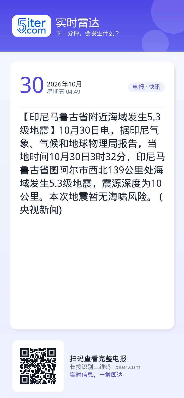 【印尼马鲁古省附近海域发生5.3级地震】10月30日电，据印尼气象、气候和地球物理局报告，当地时间10月30日3时32分