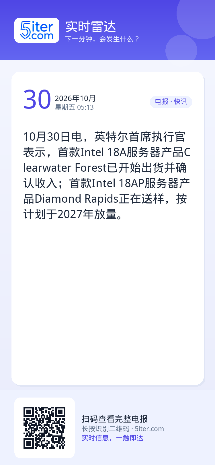 10月30日电，英特尔首席执行官表示，首款Intel 18A服务器产品Clearwater Forest已开始出货并确认