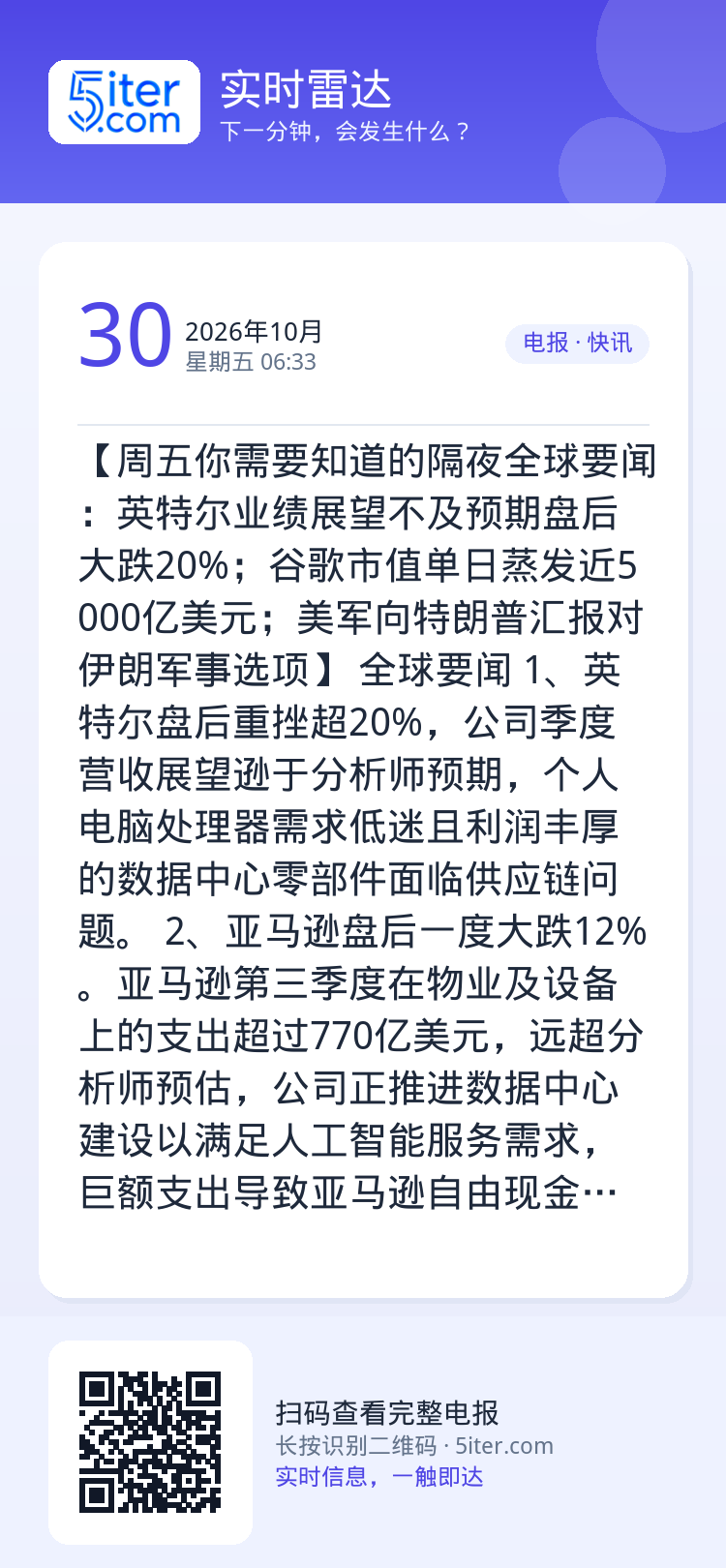 【周五你需要知道的隔夜全球要闻：英特尔业绩展望不及预期盘后大跌20%；谷歌市值单日蒸发近5000亿美元；美军向特朗普汇报