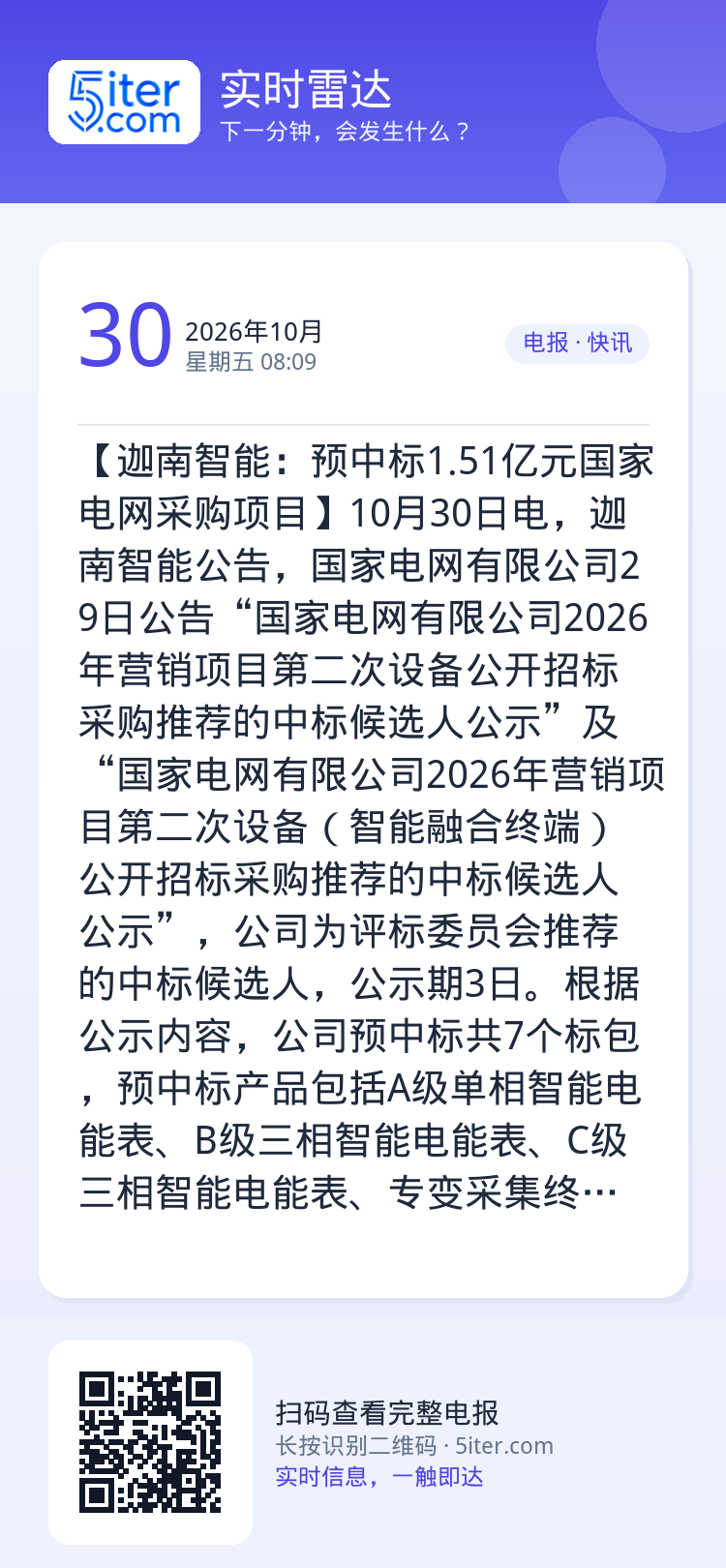 【迦南智能：预中标1.51亿元国家电网采购项目】10月30日电，迦南智能公告，国家电网有限公司29日公告“国家电网有限公