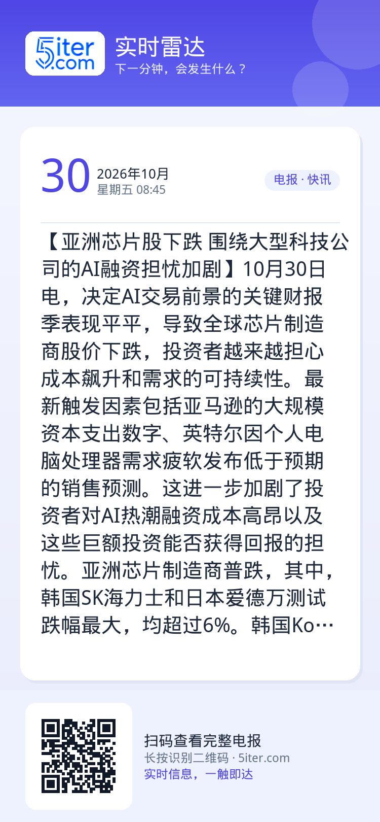 【亚洲芯片股下跌 围绕大型科技公司的AI融资担忧加剧】10月30日电，决定AI交易前景的关键财报季表现平平，导致全球芯片
