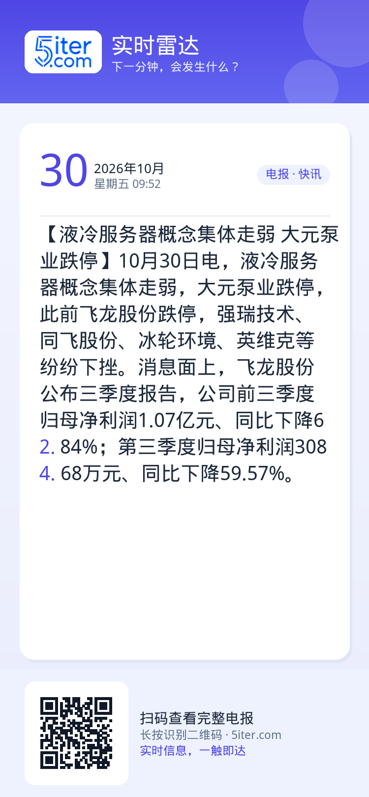 【液冷服务器概念集体走弱 大元泵业跌停】10月30日电，液冷服务器概念集体走弱，大元泵业跌停，此前飞龙股份跌停，强瑞技术