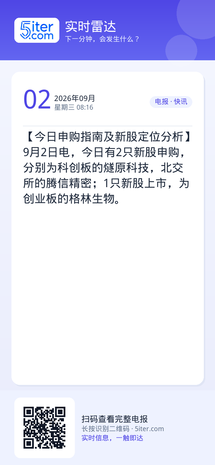 【今日申购指南及新股定位分析】9月2日电，今日有2只新股申购，分别为科创板的燧原科技，北交所的腾信精密；1只新股上市，为