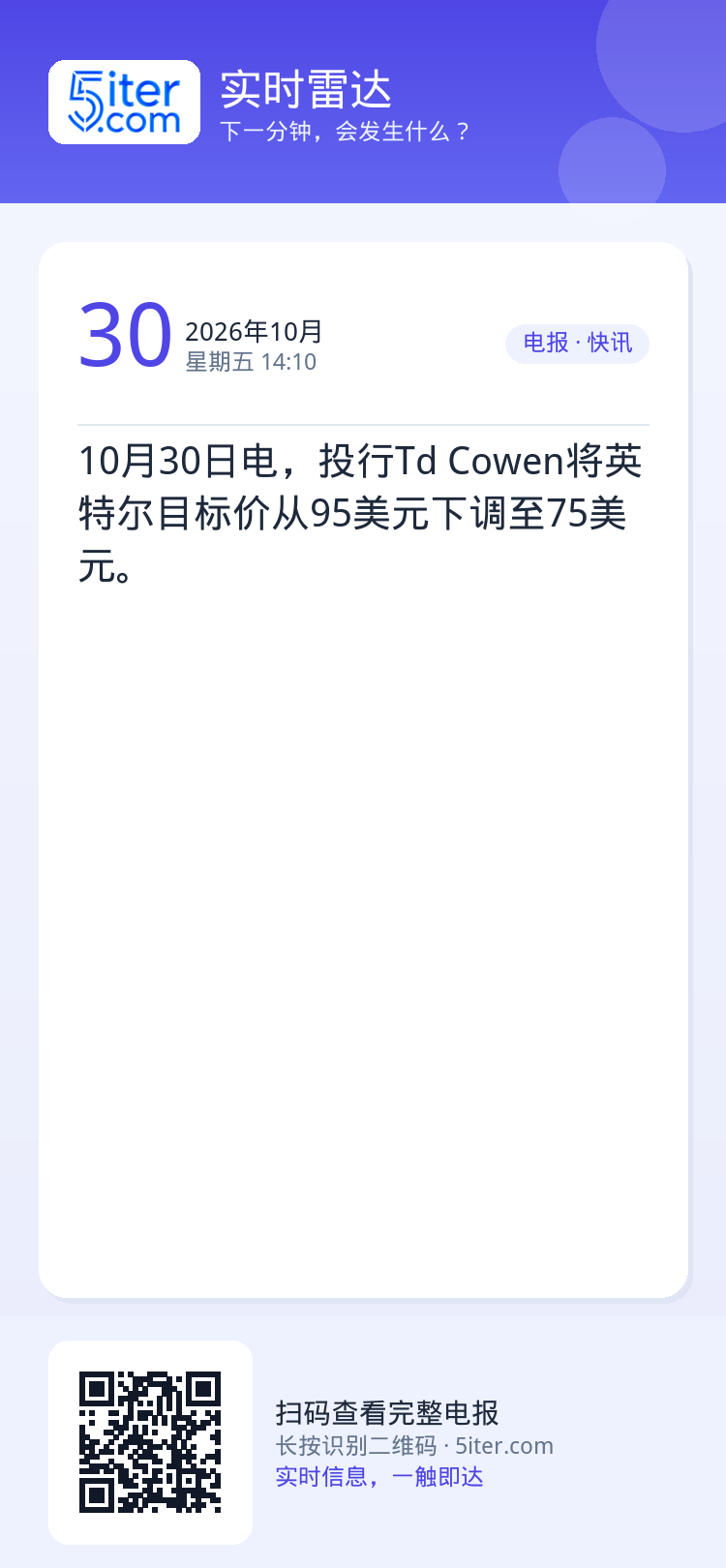 10月30日电，投行Td Cowen将英特尔目标价从95美元下调至75美元。