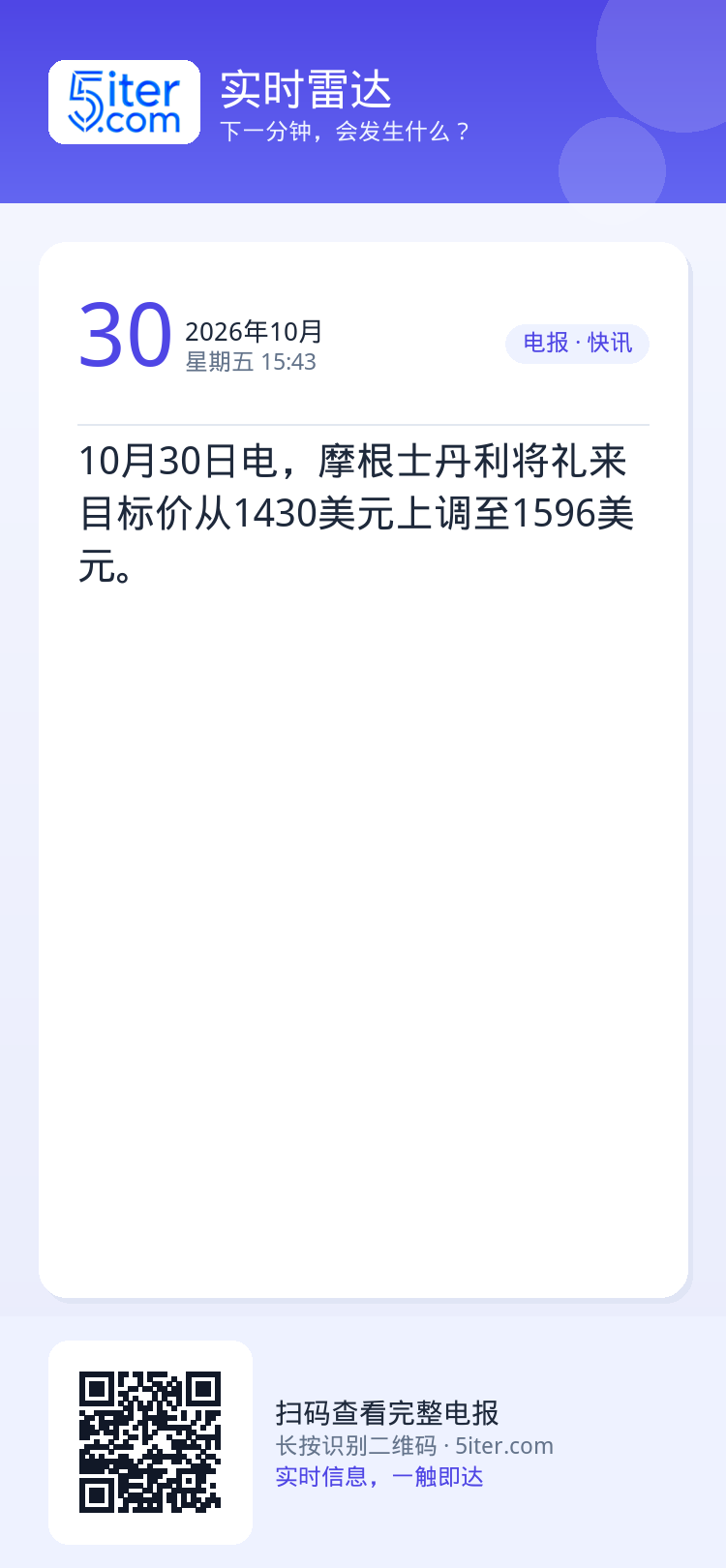 10月30日电，摩根士丹利将礼来目标价从1430美元上调至1596美元。