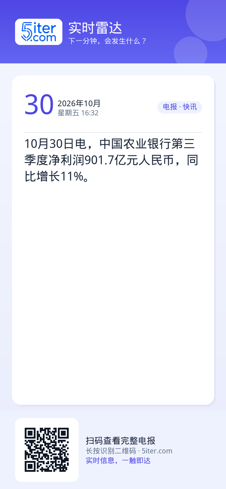 10月30日电，中国农业银行第三季度净利润901.7亿元人民币，同比增长11%。