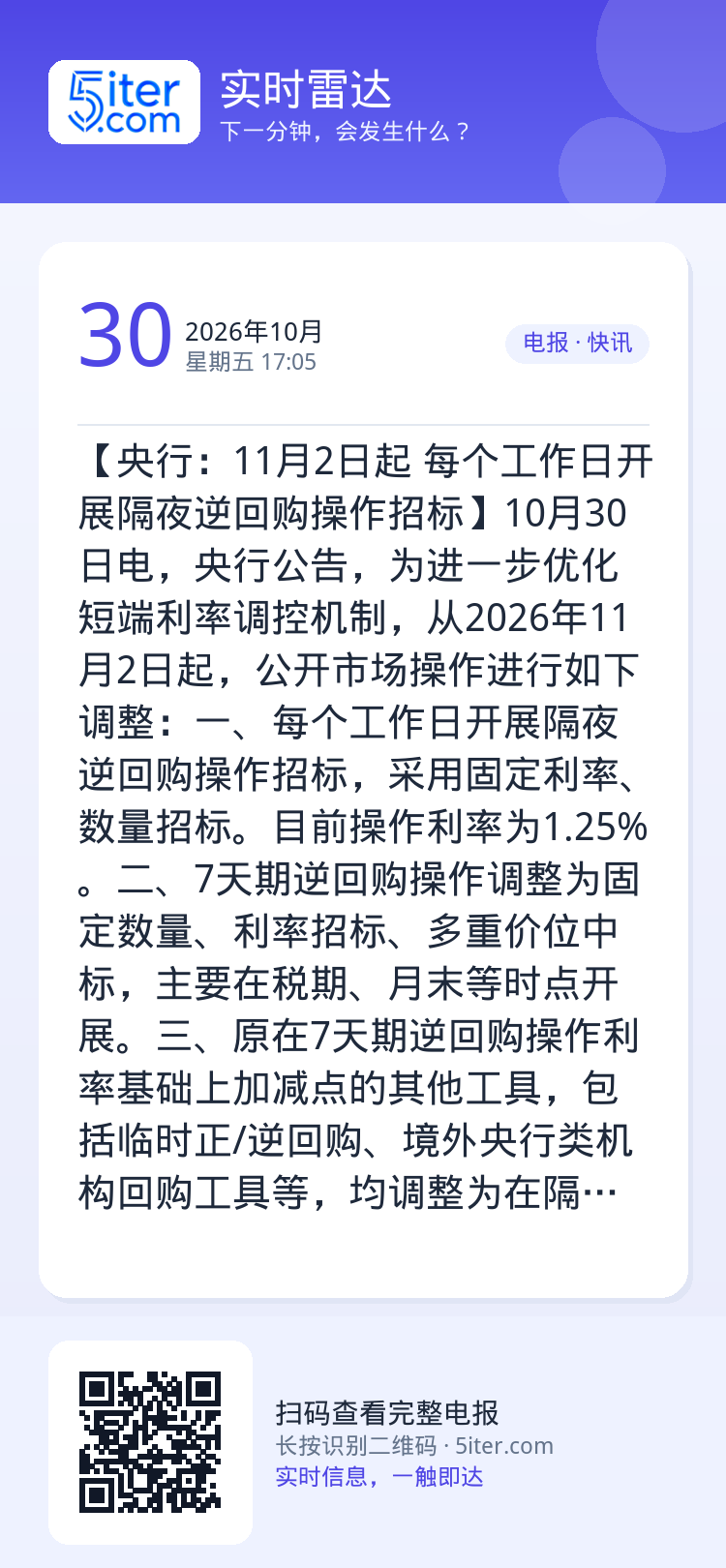 【央行：11月2日起 每个工作日开展隔夜逆回购操作招标】10月30日电，央行公告，为进一步优化短端利率调控机制，从202
