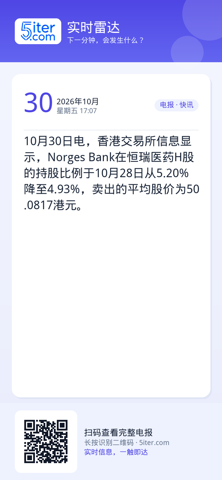 10月30日电，香港交易所信息显示，Norges Bank在恒瑞医药H股的持股比例于10月28日从5.20%降至4.93