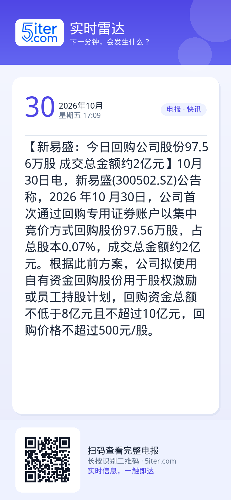 【新易盛：今日回购公司股份97.56万股 成交总金额约2亿元】10月30日电，新易盛(300502.SZ)公告称，202
