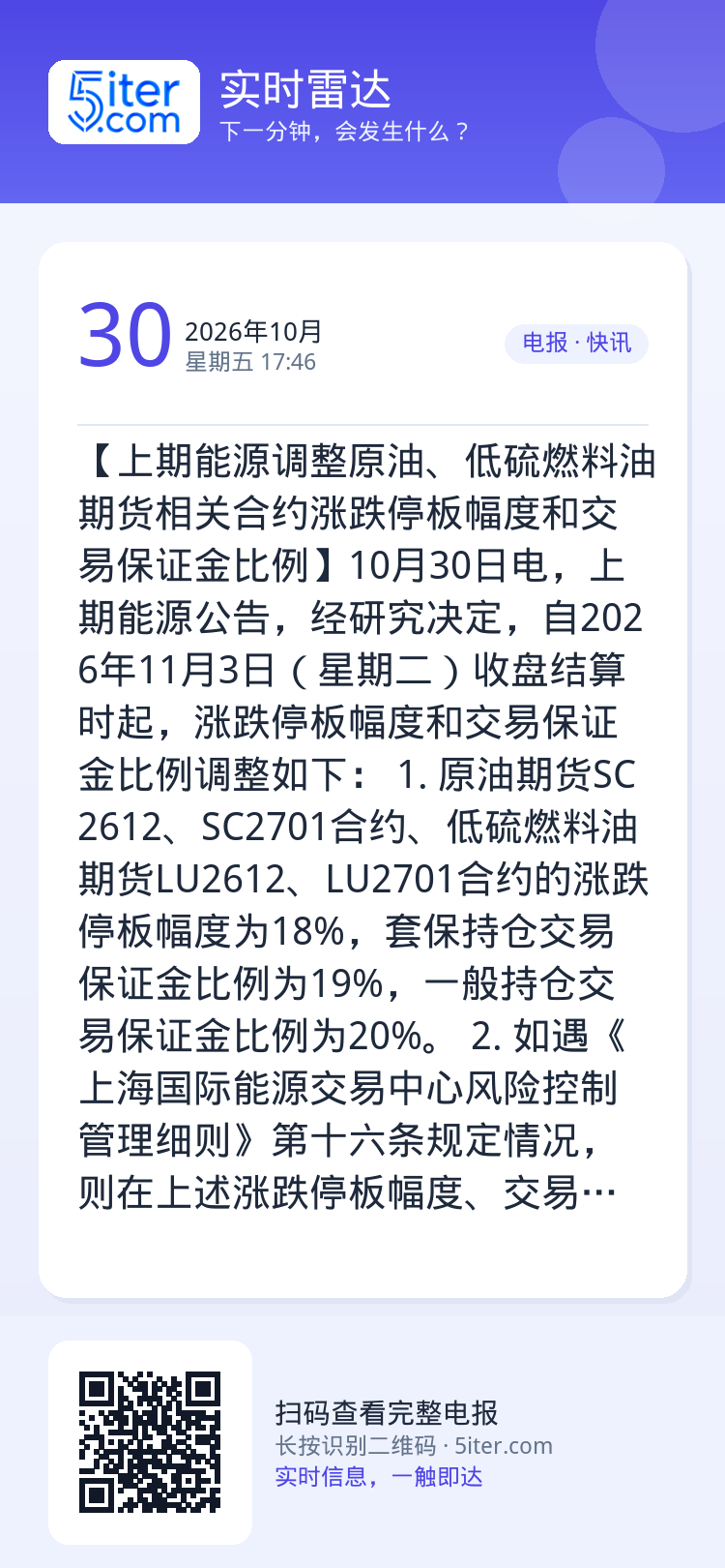 【上期能源调整原油、低硫燃料油期货相关合约涨跌停板幅度和交易保证金比例】10月30日电，上期能源公告，经研究决定，自20