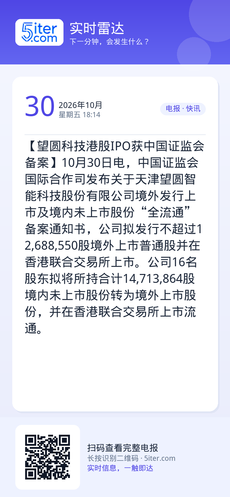 【望圆科技港股IPO获中国证监会备案】10月30日电，中国证监会国际合作司发布关于天津望圆智能科技股份有限公司境外发行上