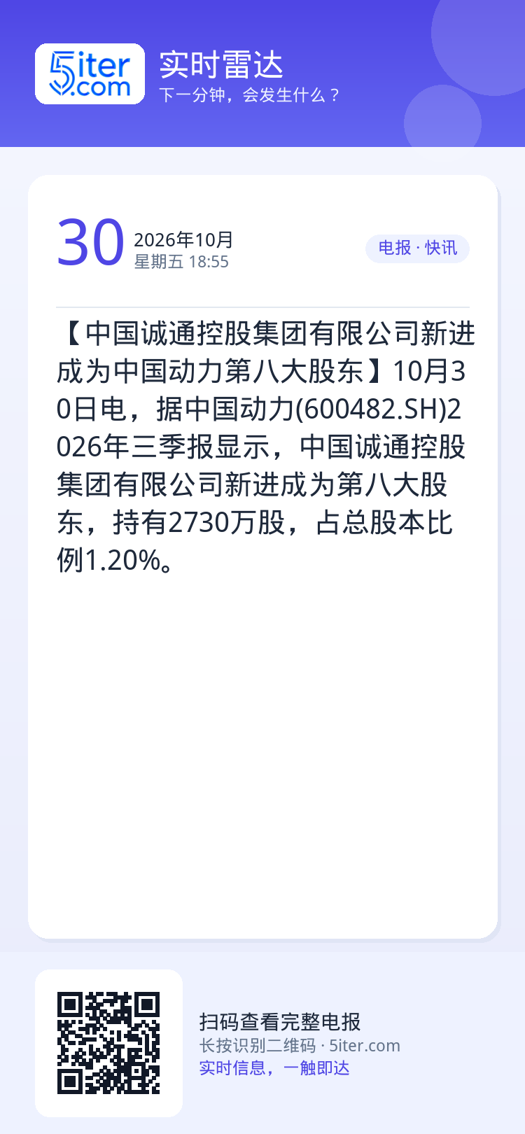 【中国诚通控股集团有限公司新进成为中国动力第八大股东】10月30日电，据中国动力(600482.SH)2026年三季报显