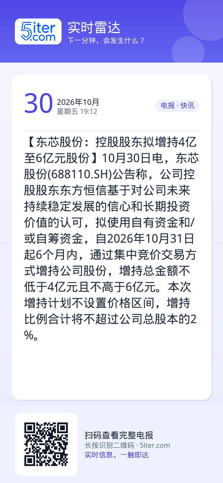 【东芯股份：控股股东拟增持4亿至6亿元股份】10月30日电，东芯股份(688110.SH)公告称，公司控股股东东方恒信基