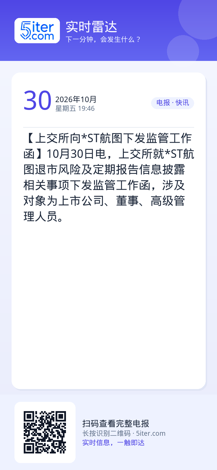 【上交所向*ST航图下发监管工作函】10月30日电，上交所就*ST航图退市风险及定期报告信息披露相关事项下发监管工作函，
