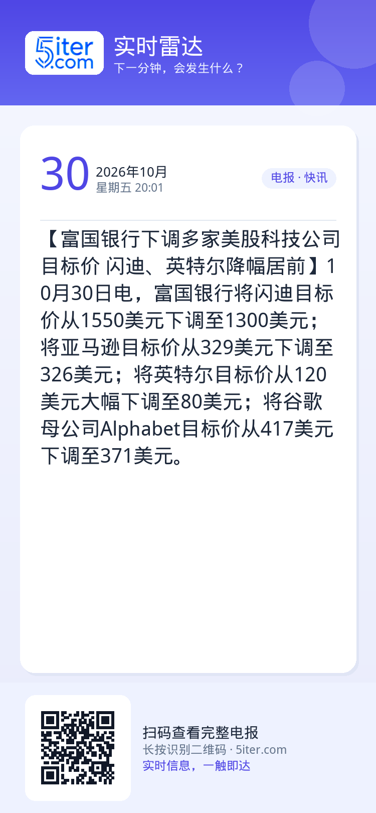 【富国银行下调多家美股科技公司目标价 闪迪、英特尔降幅居前】10月30日电，富国银行将闪迪目标价从1550美元下调至13