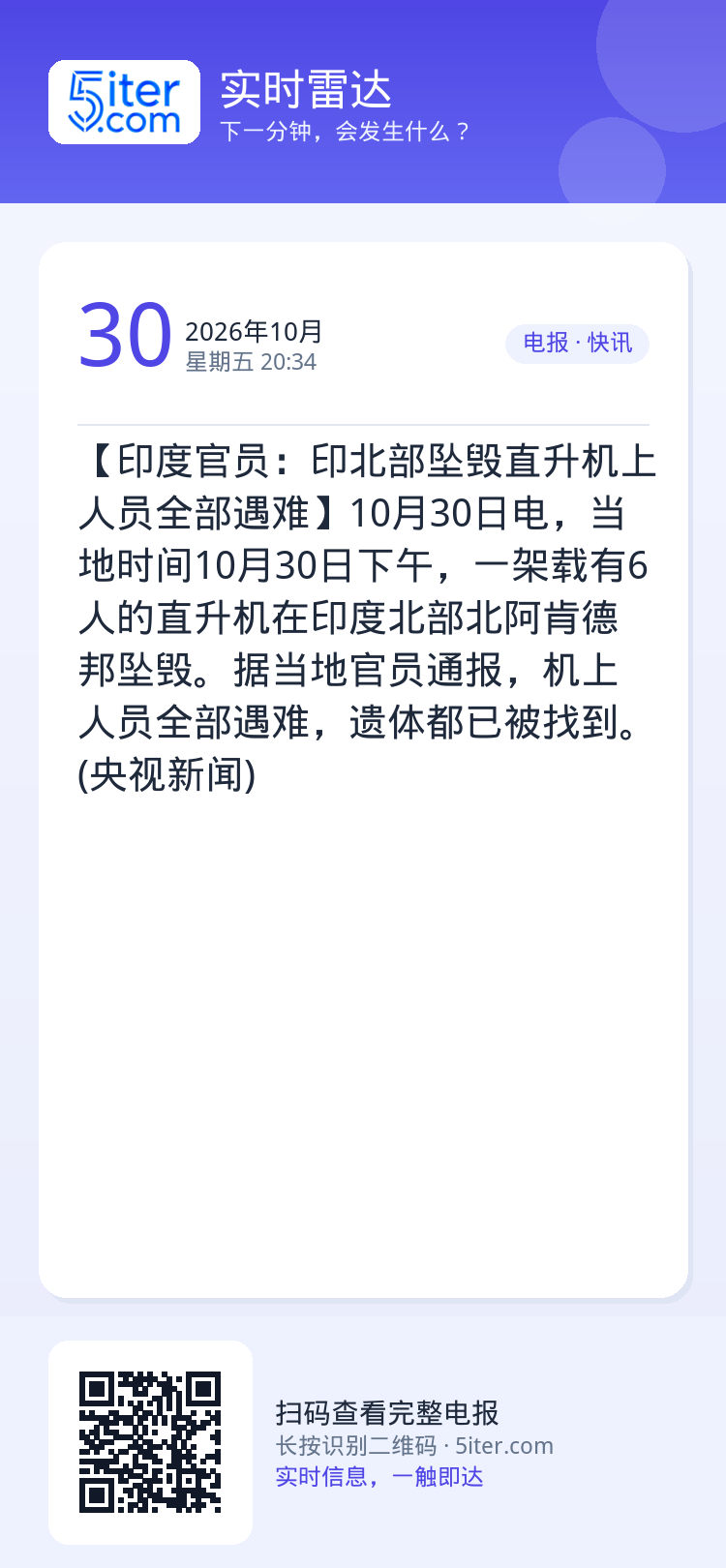 【印度官员：印北部坠毁直升机上人员全部遇难】10月30日电，当地时间10月30日下午，一架载有6人的直升机在印度北部北阿