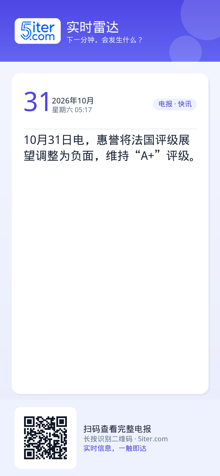 10月31日电，惠誉将法国评级展望调整为负面，维持“A+”评级。