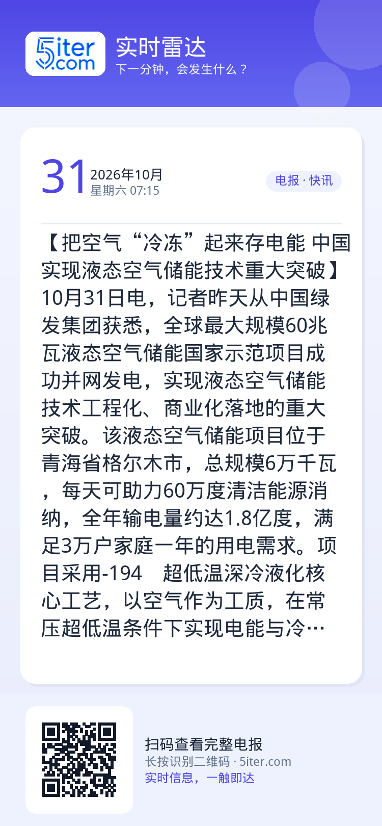 【把空气“冷冻”起来存电能 中国实现液态空气储能技术重大突破】10月31日电，记者昨天从中国绿发集团获悉，全球最大规模6