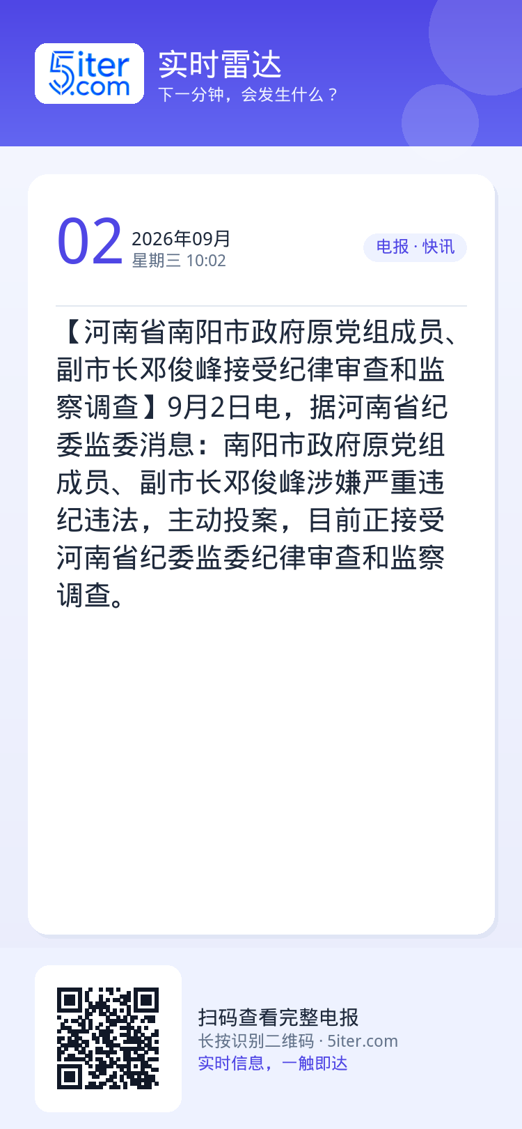 【河南省南阳市政府原党组成员、副市长邓俊峰接受纪律审查和监察调查】9月2日电，据河南省纪委监委消息：南阳市政府原党组成员