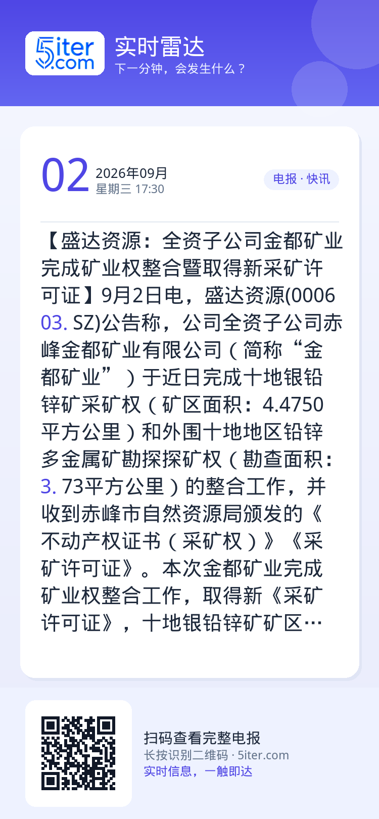 【盛达资源：全资子公司金都矿业完成矿业权整合暨取得新采矿许可证】9月2日电，盛达资源(000603.SZ)公告称，公司全