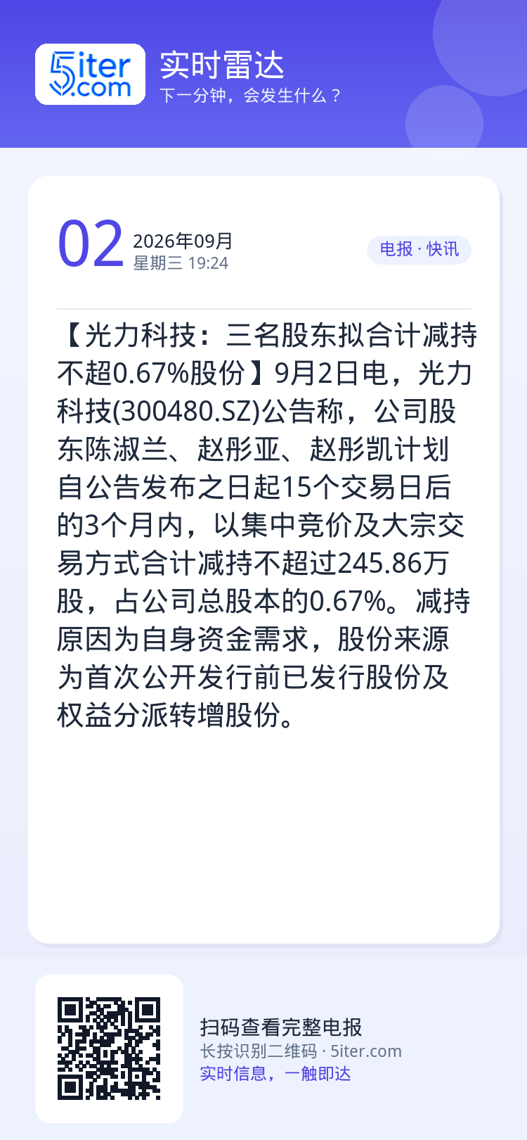 【光力科技：三名股东拟合计减持不超0.67%股份】9月2日电，光力科技(300480.SZ)公告称，公司股东陈淑兰、赵彤