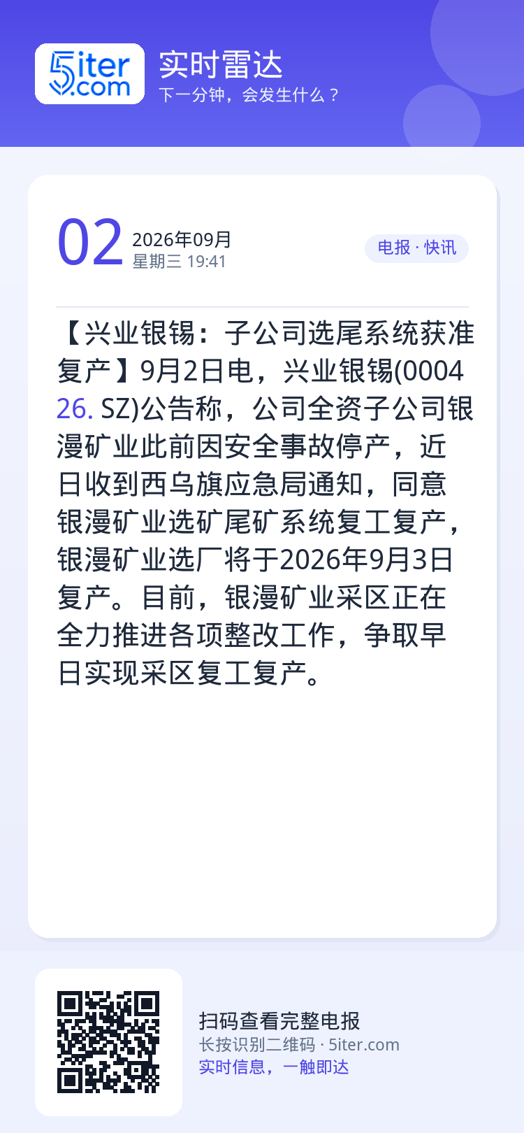 【兴业银锡：子公司选尾系统获准复产】9月2日电，兴业银锡(000426.SZ)公告称，公司全资子公司银漫矿业此前因安全事
